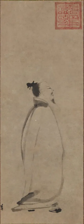 梁楷が描いた李白吟行図。白い衣の李白が、手を後ろに組み、顔を上げて歩いている。少ない筆数で描かれた水墨画