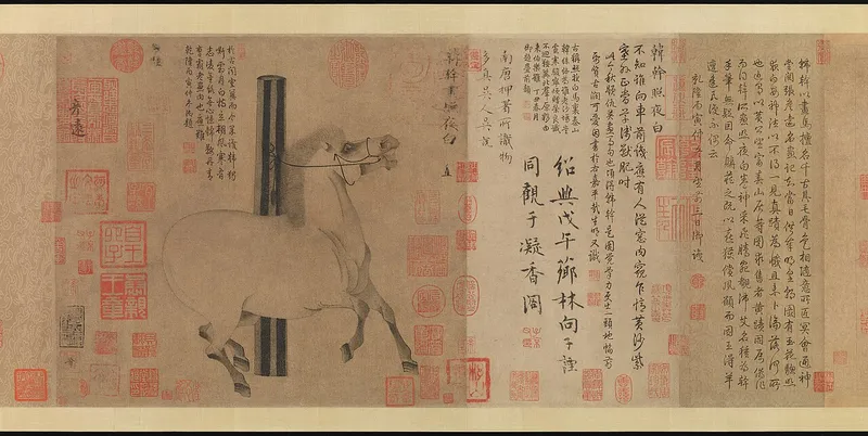 杭につながれ、たてがみを逆立てていななく白い馬を描いた中国の絵巻。まわりに多くの印と文字が書きこまれている