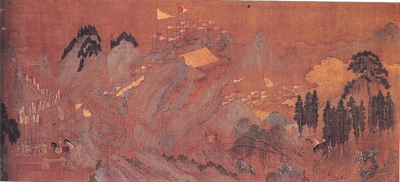 赤みがかった山々のあいだを、旗を立てた軍勢が進んでいく中国の山水画