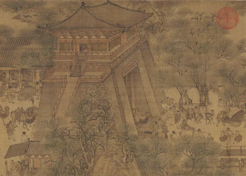 大きな城門と、その前を行き交うらくだや荷車、人々を描いた中国の絵巻の一部