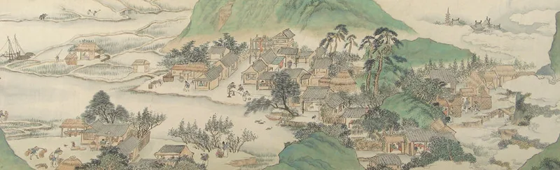 谷川ぞいに家々や田畑が広がり、まわりを緑の山が囲む村を描いた横長の絵巻