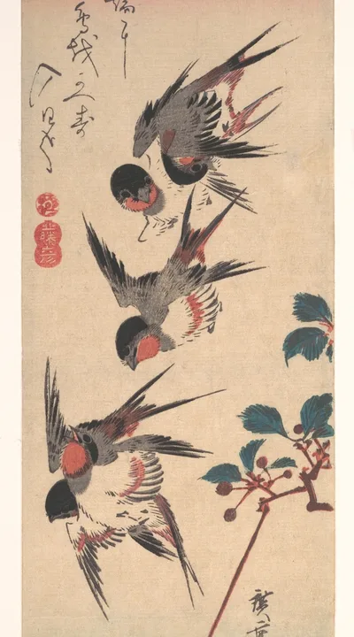 赤い夕焼けの空を、のどの赤いつばめが3羽飛び、右下に桜の枝がのびている縦長の木版画
