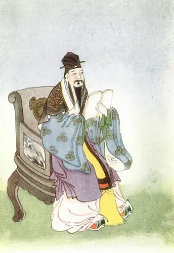 いすに腰かけて本を開いている、ひげのある昔の中国の学者を描いた色つきの絵