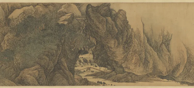 切り立った岩山と谷川、小さな橋が描かれた、うす茶色の絹に墨と淡い色の山水画
