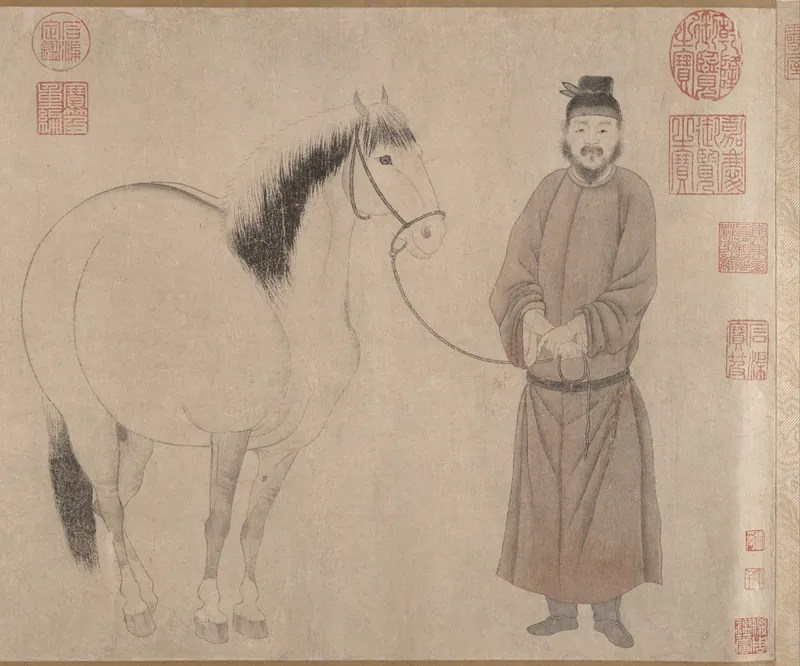 うす茶色の紙に描かれた、白っぽい馬と、たづなを持つ男の人。まわりに赤い印がいくつもおされている