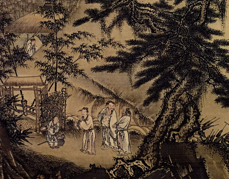 山の中のかやぶきの家の前に、着物姿の人物が三人立ち、門のそばに子どもがいる水墨画